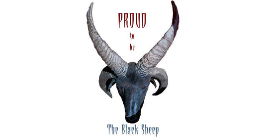 Alternative fashion artwork of a black sheep with curled horns and defiant gaze, featuring the phrase 'Proud to Be the Black Sheep'