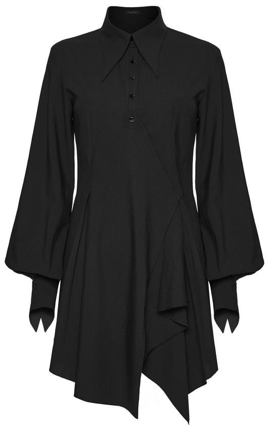Punk Rave Nyx Asymmetrical Shirt Dress featuring a dark, structured, flowing design with long sleeves and unique tailoring.