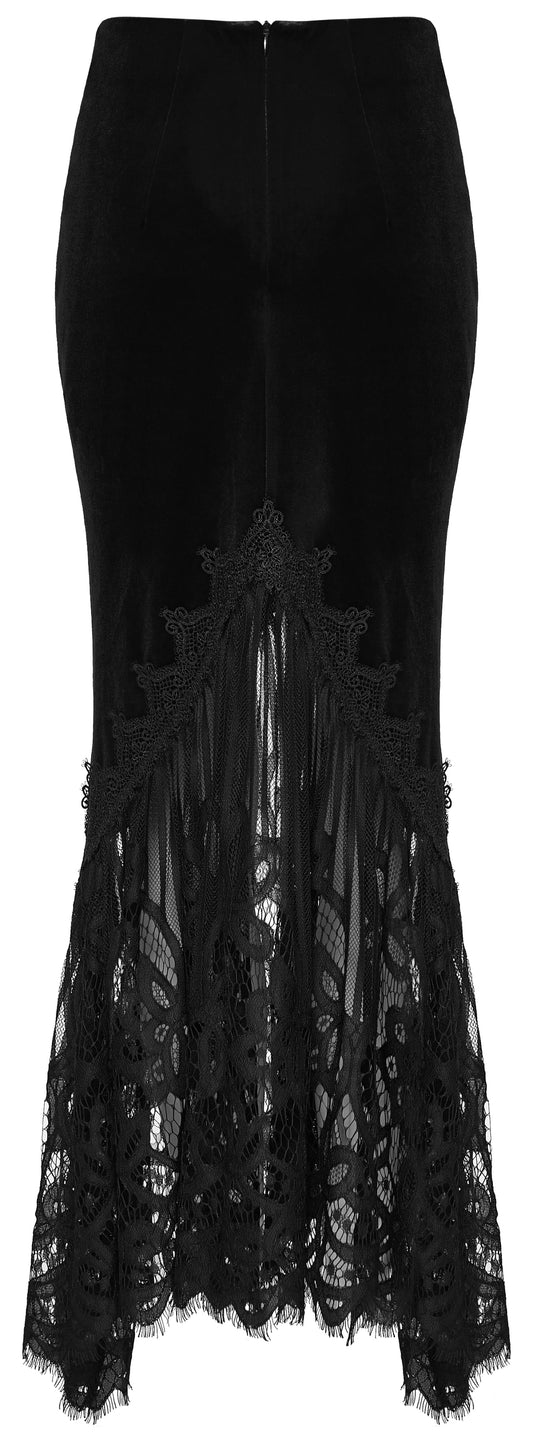 Punk Rave Selene Goth Velvet Lace Fishtail Skirt showcasing intricate lace hem and luxurious velvet fabric.