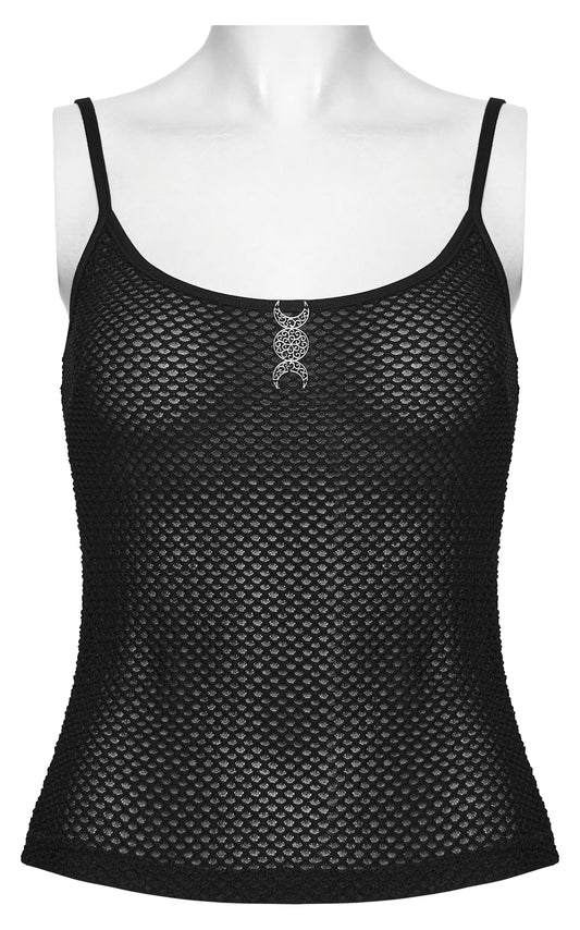 Mesh goth camisole featuring a sheer black design with a unique embellishment at the center.
