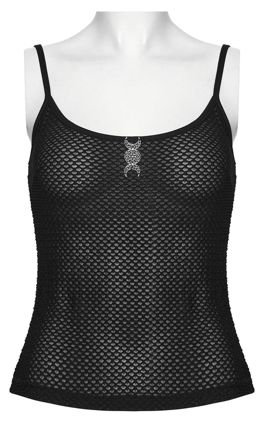 Mesh goth camisole featuring a sheer black design with a unique embellishment at the center.