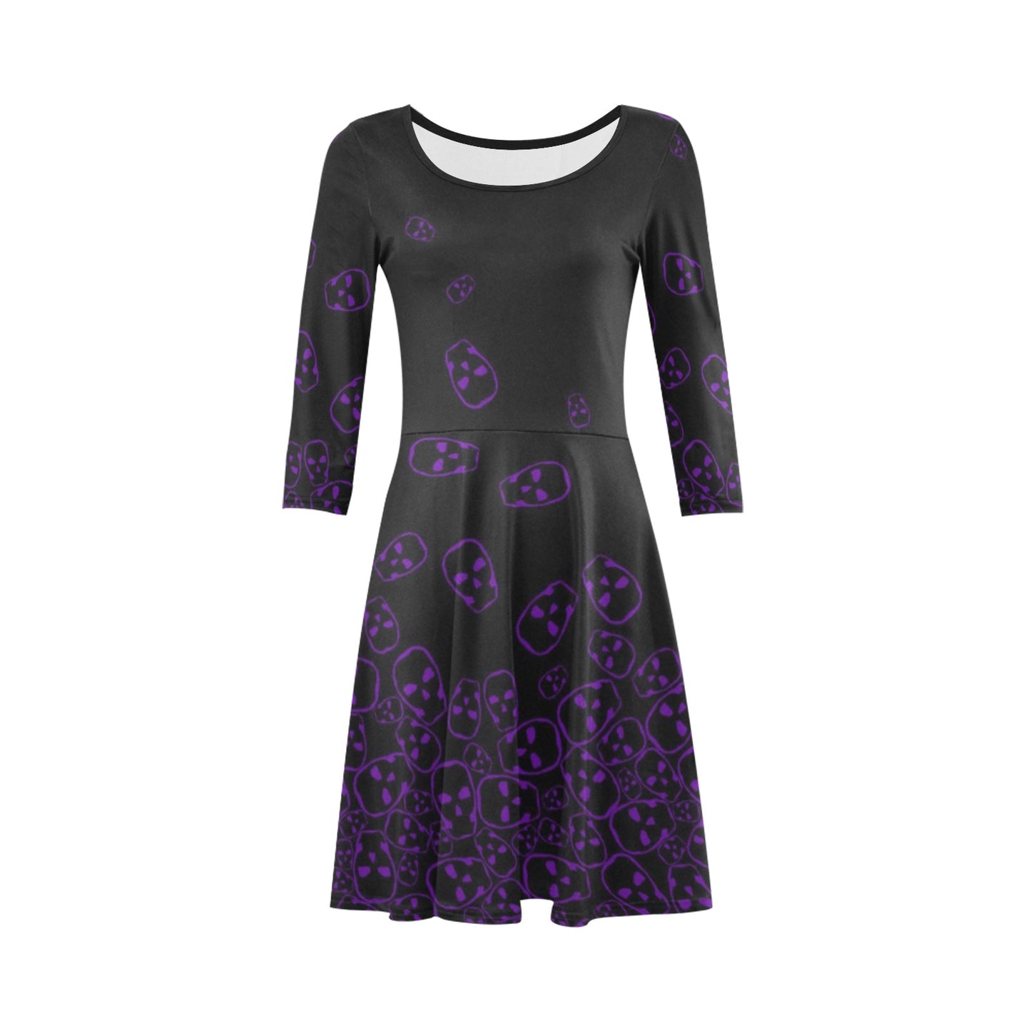 ANTIBrand black skater dress with purple tumbling skulls print