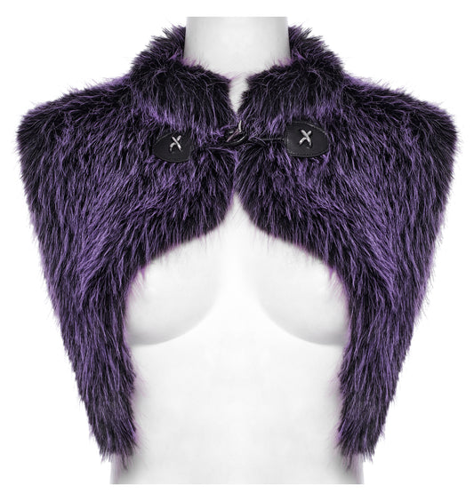 Purple faux fur shoulder wrap on a mannequin with a white background