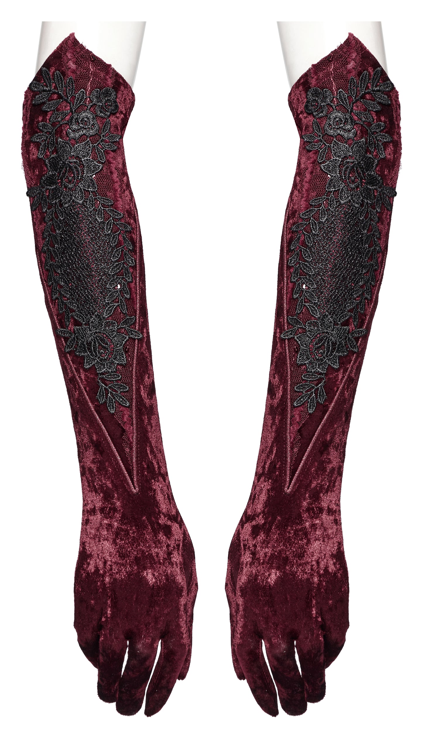 Punk Rave Selene Embroidered Velvet Gloves in Crimson