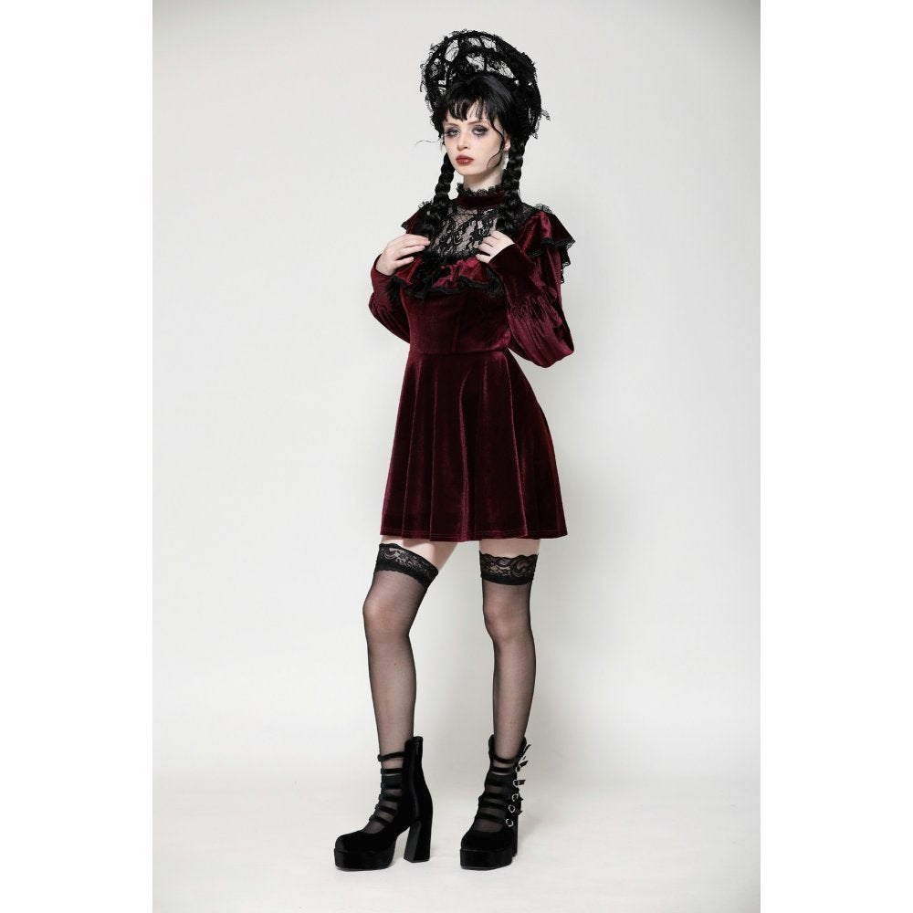 Dark in Love Verity Burgundy Velvet Dress with Black Gothic Lace - Kate's Clothing