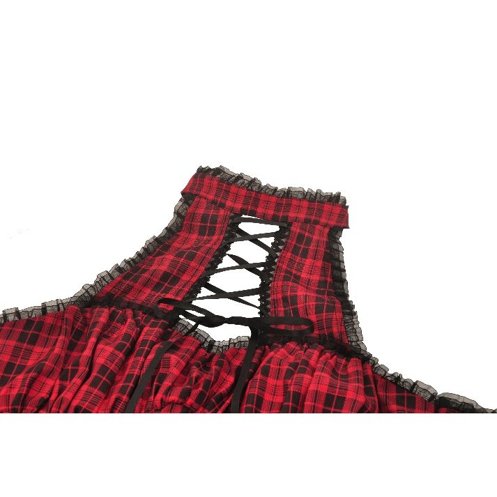 Dark in Love Rosalind Black and Red Tartan Cold Shoulder Halterneck Dress - Kate's Clothing
