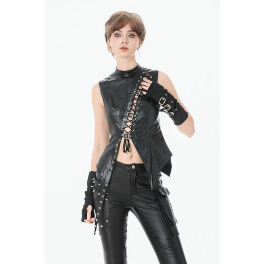 Dark in Love Punk Distressed Leather Lace-Up Top