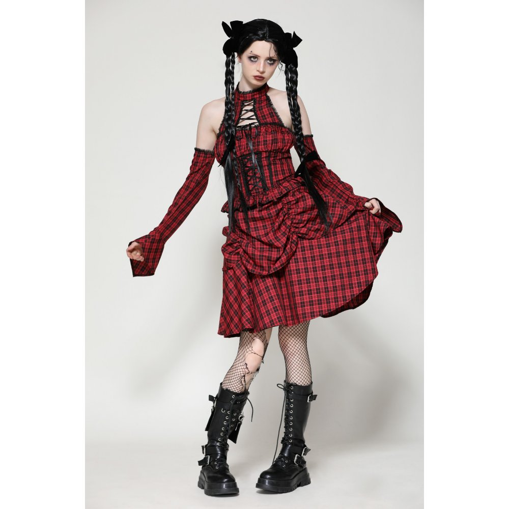 Dark in Love Rosalind Black and Red Tartan Cold Shoulder Halterneck Dress - Kate's Clothing