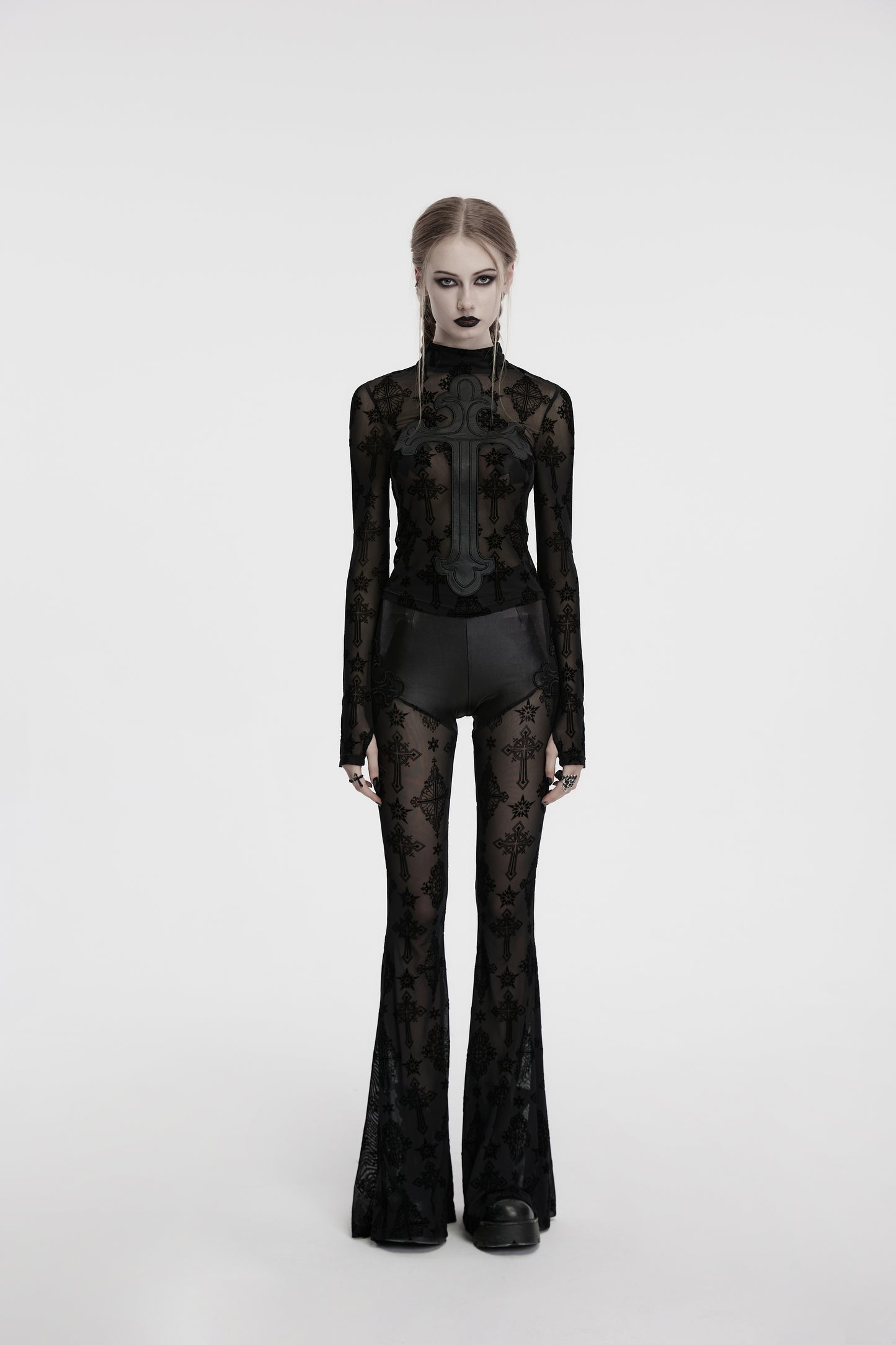Punk Rave Morrigan Cross Embroidered Mesh Top