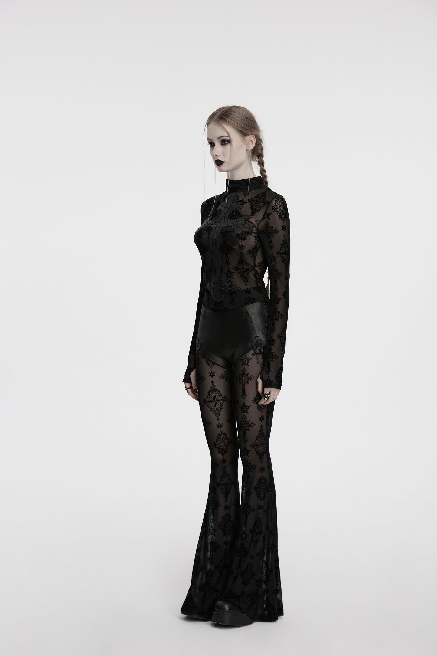 Punk Rave Morrigan Cross Embroidered Mesh Top