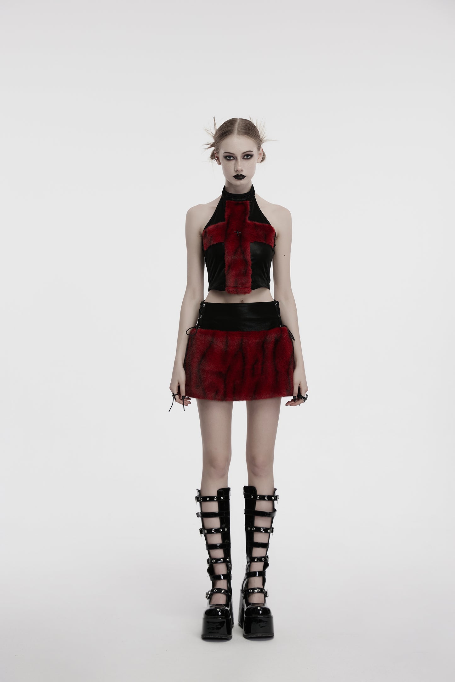 Punk Rave Valora Cross Fur Halter Top In Crimson