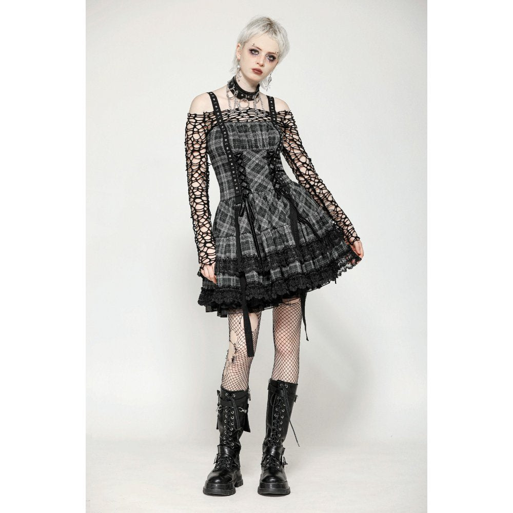 Dark in Love Ida Punk Grey Plaid Metal Studded Dress - Kate's Clothing