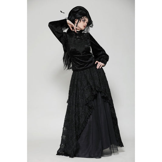 Dark in Love Cyra Gothic Jacquard Velvet Bell Sleeve Top - Kate's Clothing