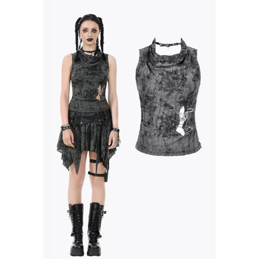 Dark in Love Shredded Butterfly Print Halter Goth Top In Grey