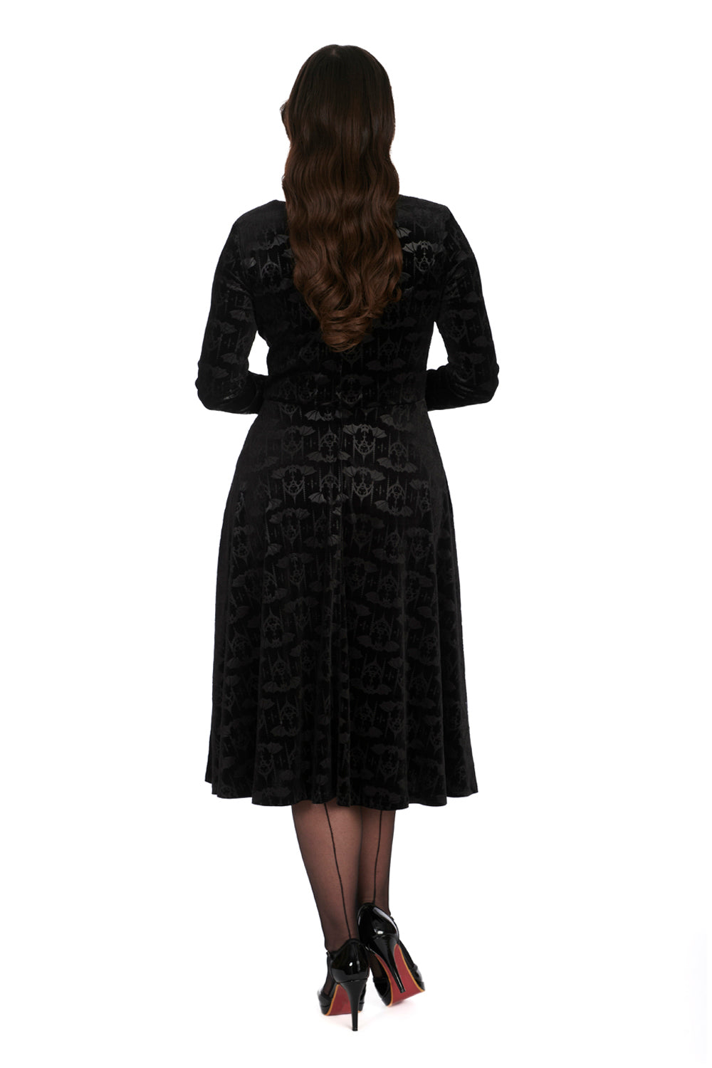 Banned Velvet Fit and Flare Dress with Flock Bat Print - Kate's Clothing
