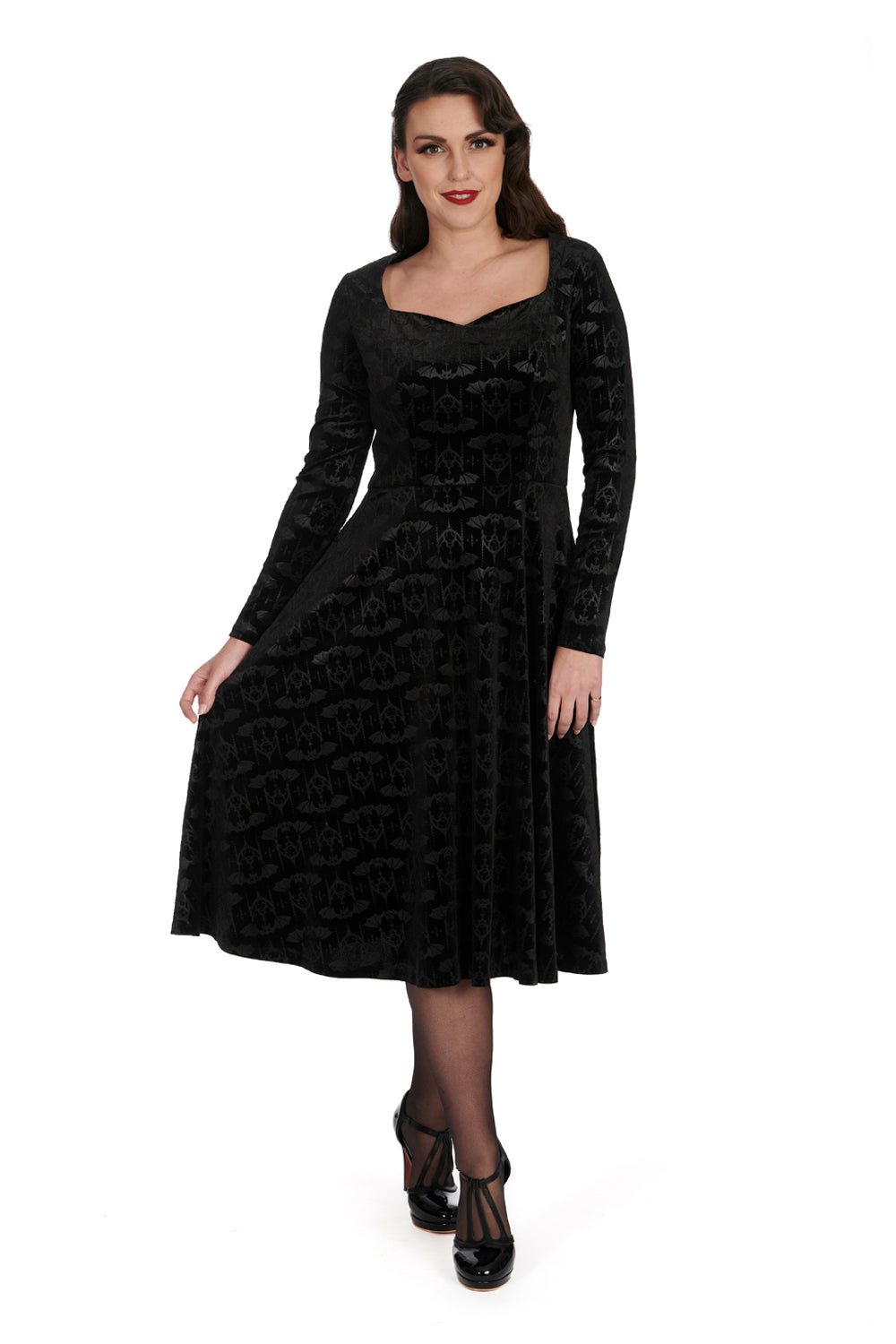 Banned Velvet Fit and Flare Dress with Flock Bat Print - Kate's Clothing