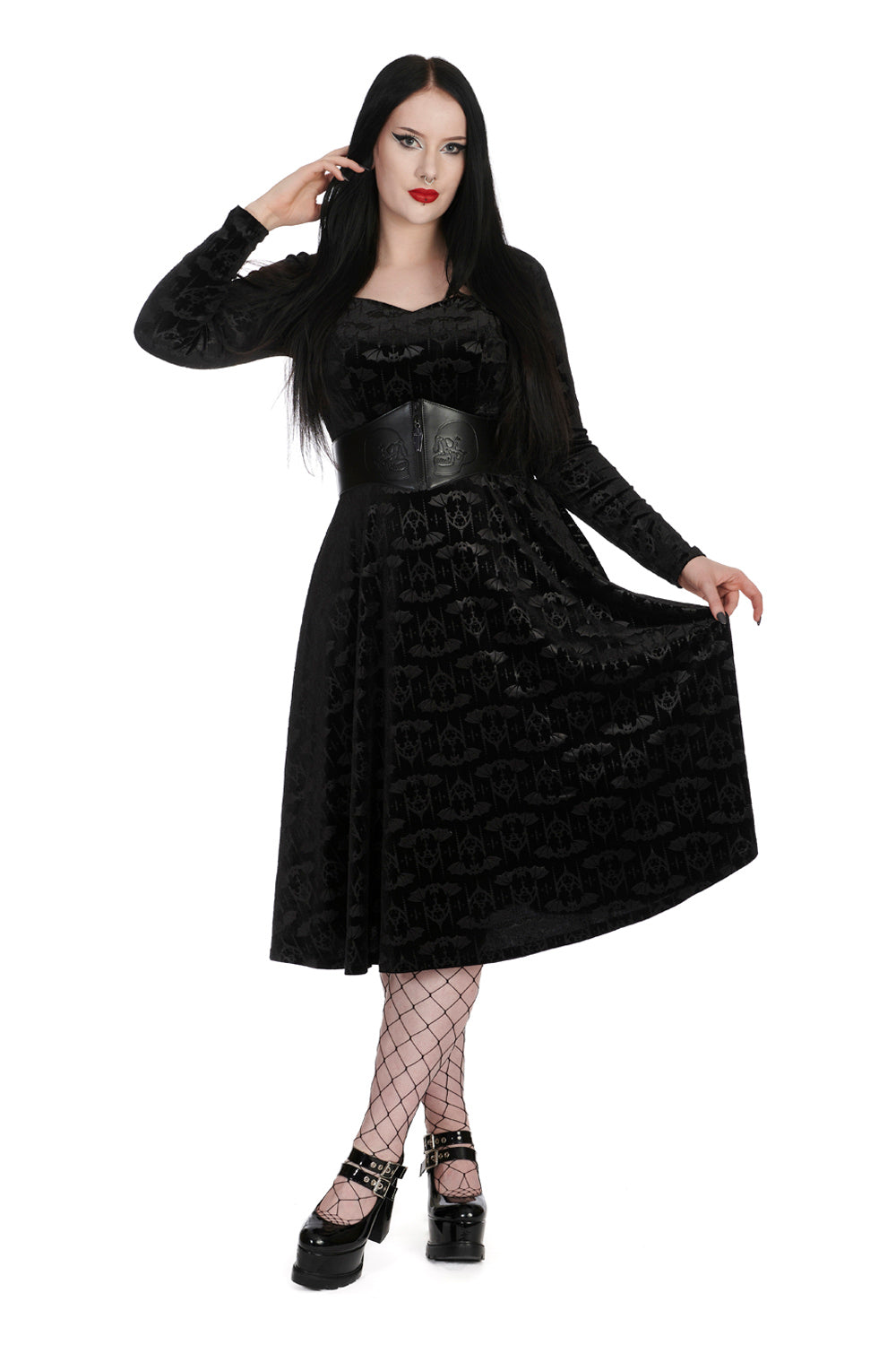 Banned Velvet Fit and Flare Dress with Flock Bat Print - Kate's Clothing