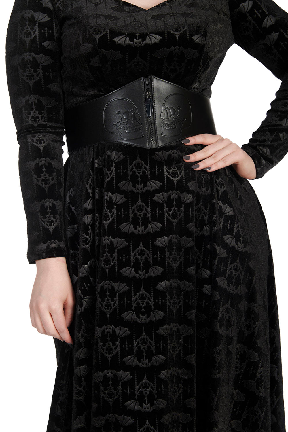 Banned Velvet Fit and Flare Dress with Flock Bat Print - Kate's Clothing