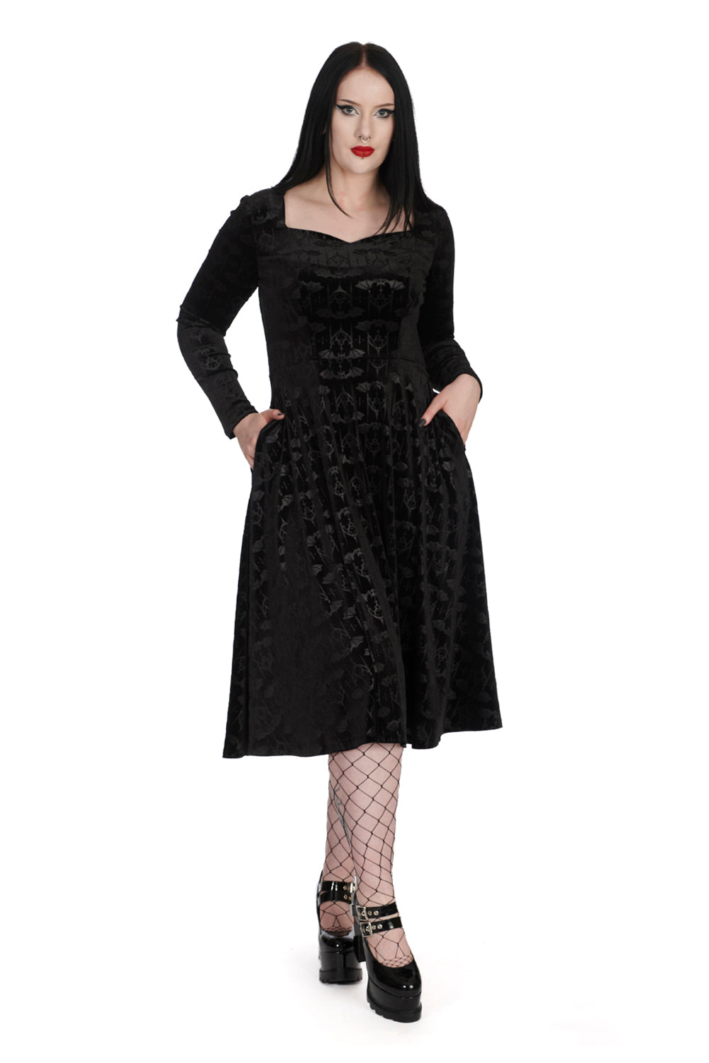 Banned Velvet Fit and Flare Dress with Flock Bat Print - Kate's Clothing