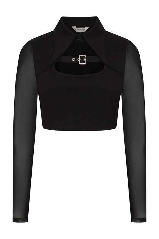 Banned Black Freyja Crop Top with Key Hole and Mesh Sleeves - Kate's Clothing