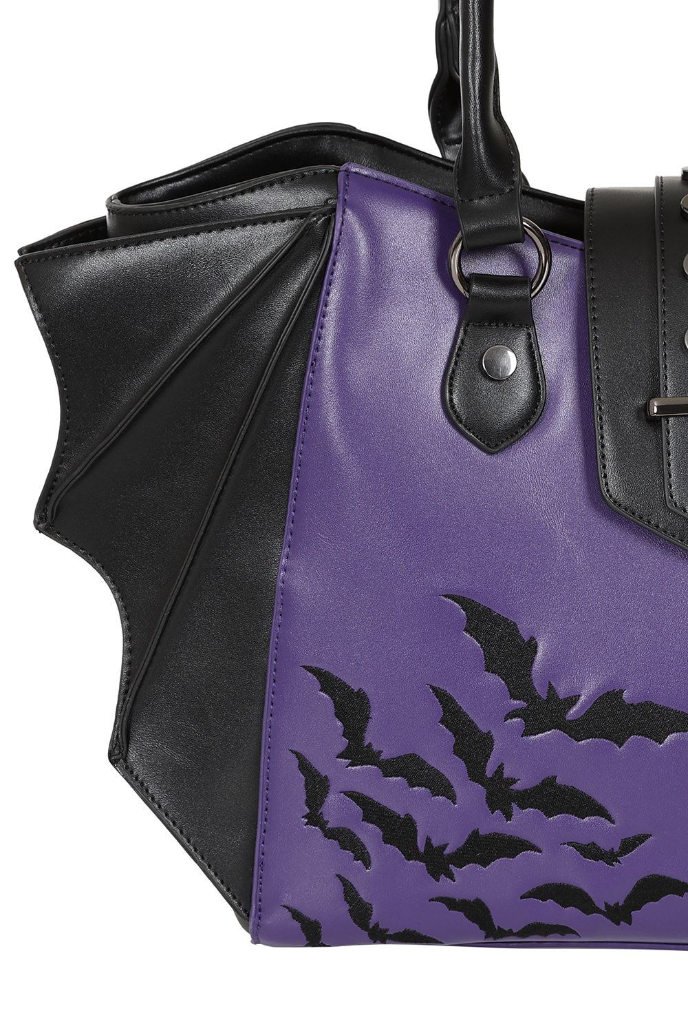 Banned Black and Purple Haunted Annabelle Tote Bag with Embroidered Bats - Kate's Clothing