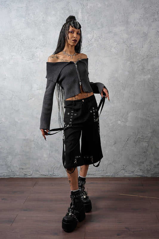 Dropzone Wide Leg Cargo Trousers styled on an alternative model shown with the bottoms zipped off to convert them into long shorts