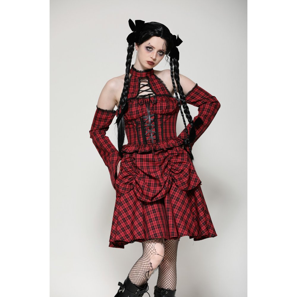 Dark in Love Rosalind Black and Red Tartan Cold Shoulder Halterneck Dress - Kate's Clothing