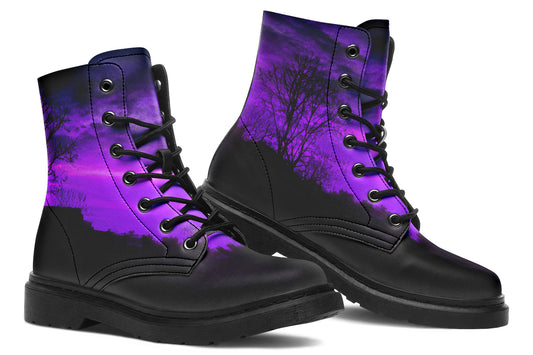 Side profile of 1999 Boots showing dreamy purple twilight sky and black vegan leather