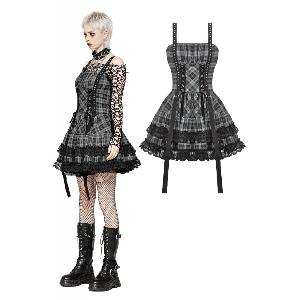 Dark in Love Ida Punk Grey Plaid Metal Studded Dress - Kate's Clothing