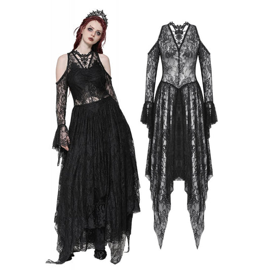 Dark in Love Carys Black Gothic Asymmetrical Lace Off-Shoulder Dress with Rhinestone Detail - Kate's Clothing
