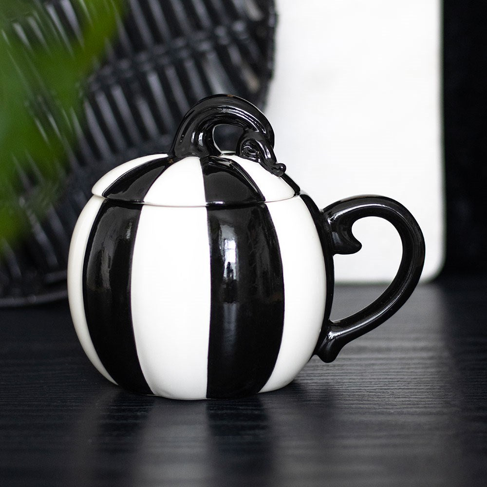 Gothic Gifts Black and White Striped Pumpkin Lidded Mug
