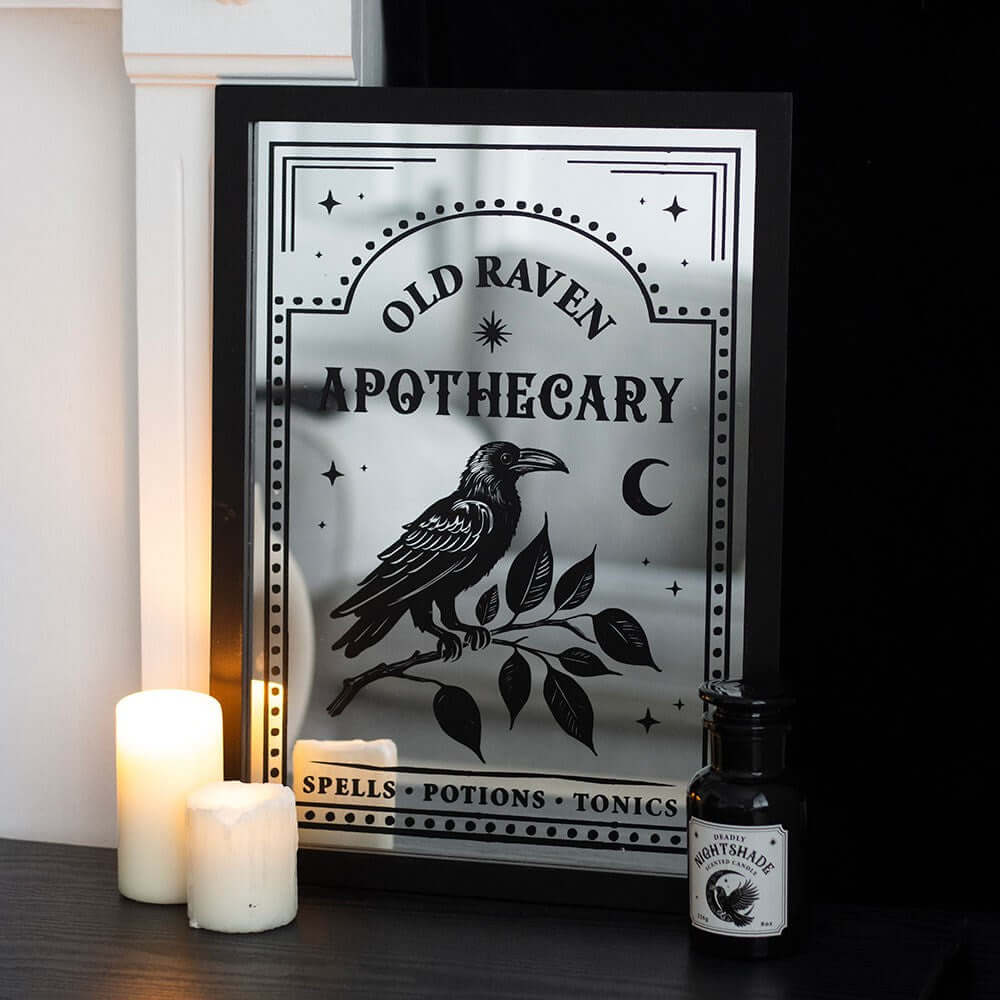 Gothic Gifts Old Raven Apothecary Mirrored Wall Art - Kate's Clothing