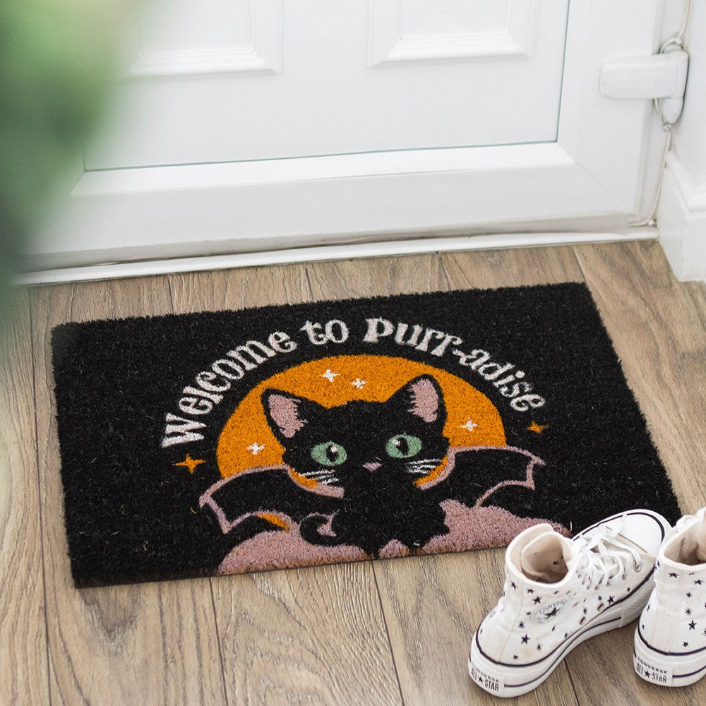 Gothic Gifts Black Welcome to Purr-adise Cat Doormat