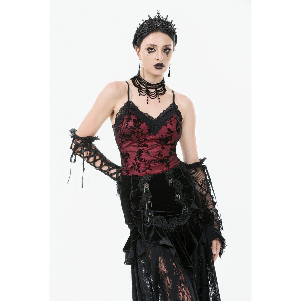 Dark in Love Althea Lace-Trimmed Velvet Goth Camisole in Burgundy