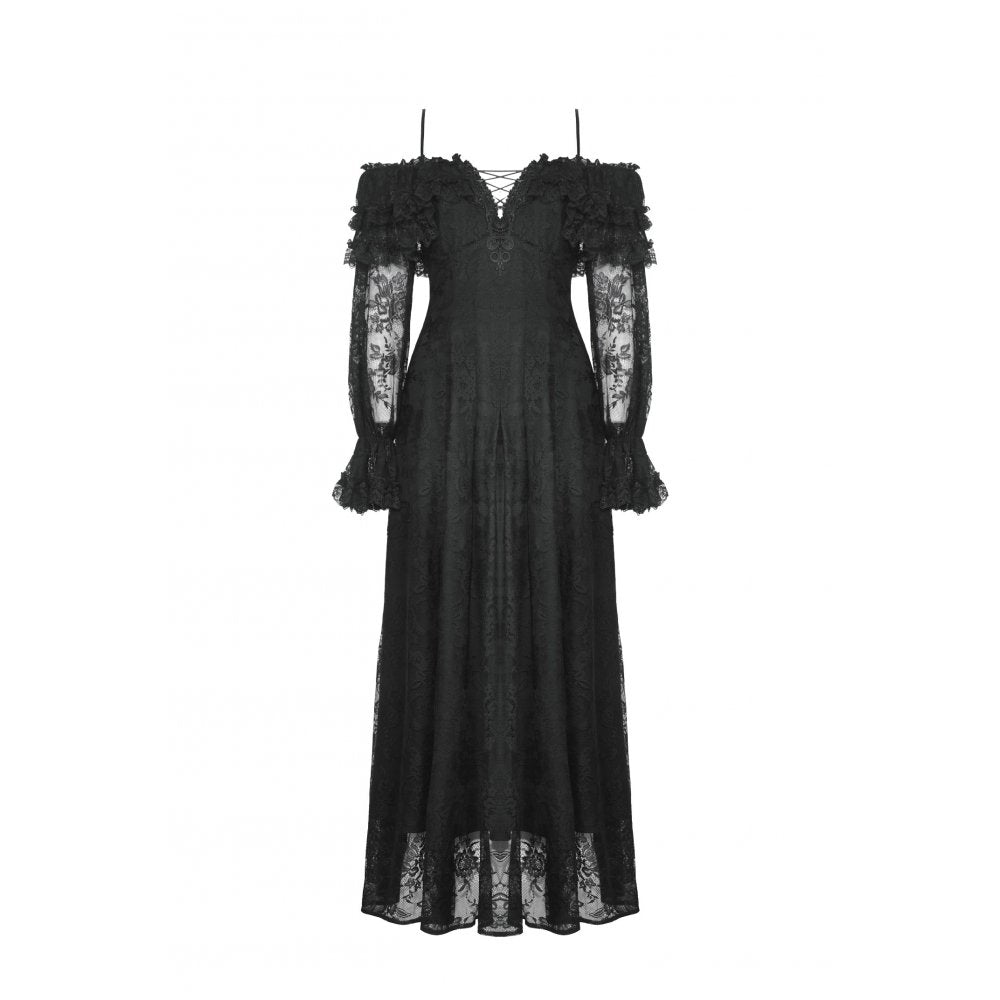 Dark in Love Cosette Elegant Gothic Off-Shoulder Ruffle Maxi Dress - Kate's Clothing