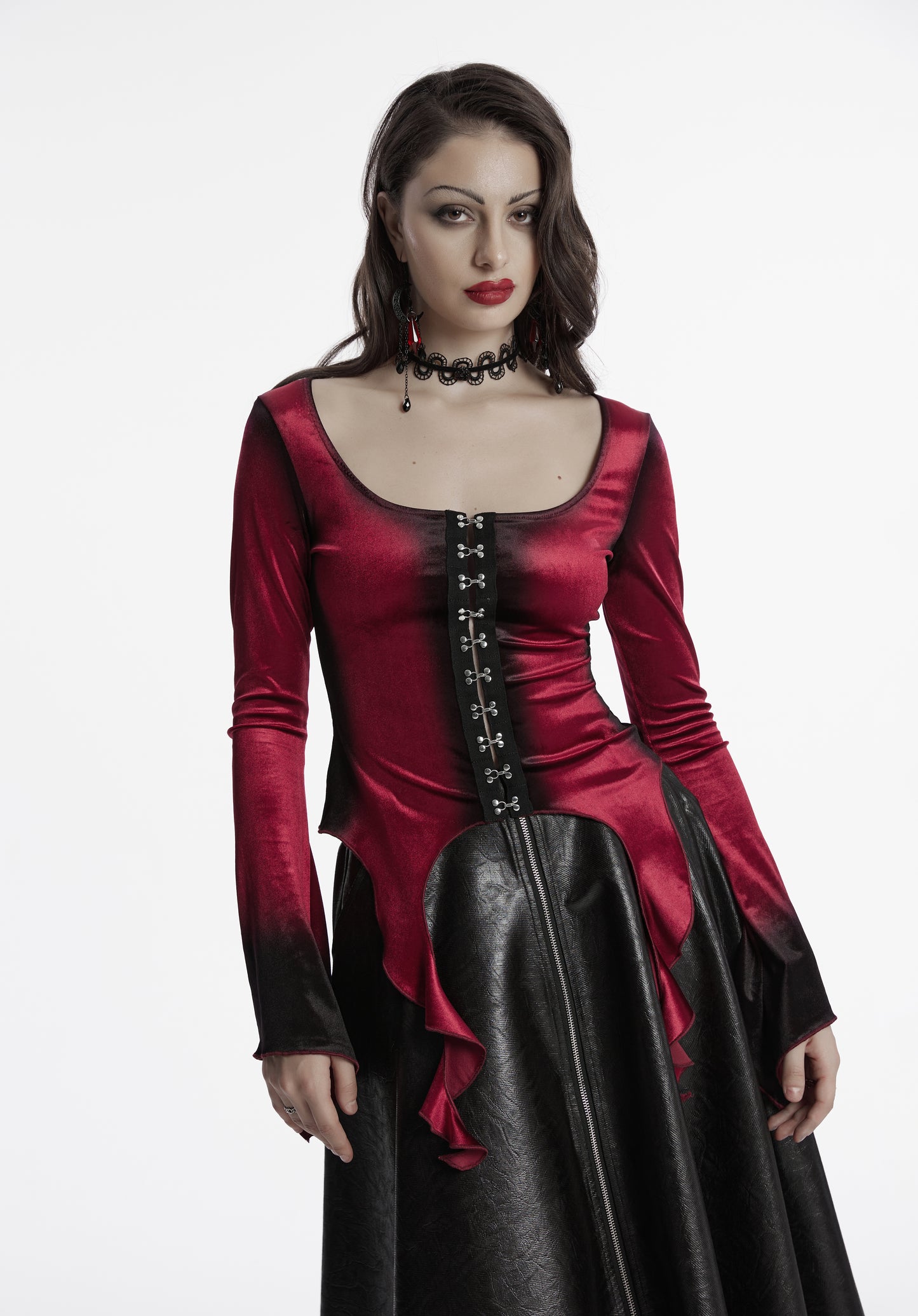 Punk Rave Leticia Burgundy Gradient Velvet Top with Feature Hooks and Eyes