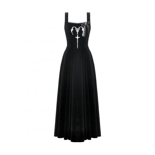 Dark in Love Lux Black Velvet Horn Embroidery Maxi Dress - Kate's Clothing