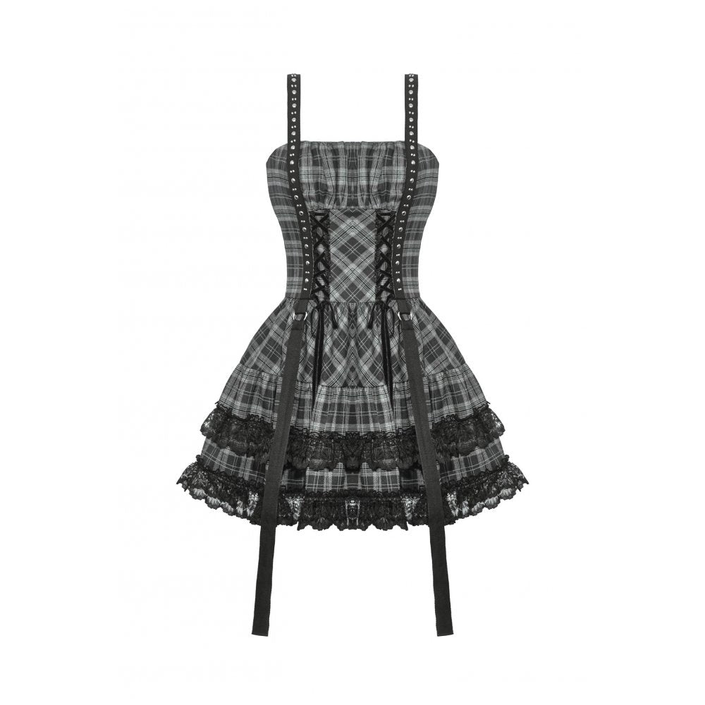 Dark in Love Ida Punk Grey Plaid Metal Studded Dress - Kate's Clothing