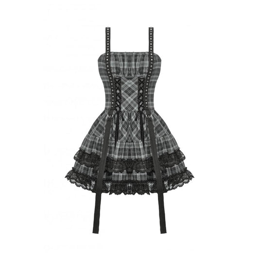 Dark in Love Ida Punk Grey Plaid Metal Studded Dress - Kate's Clothing