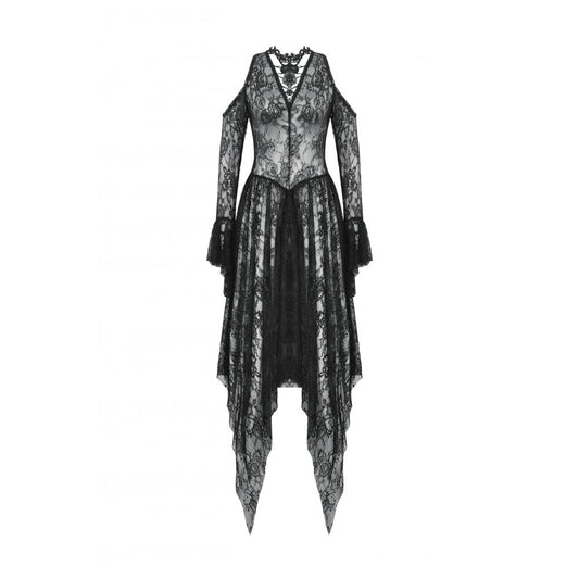 Dark in Love Carys Black Gothic Asymmetrical Lace Off-Shoulder Dress with Rhinestone Detail - Kate's Clothing
