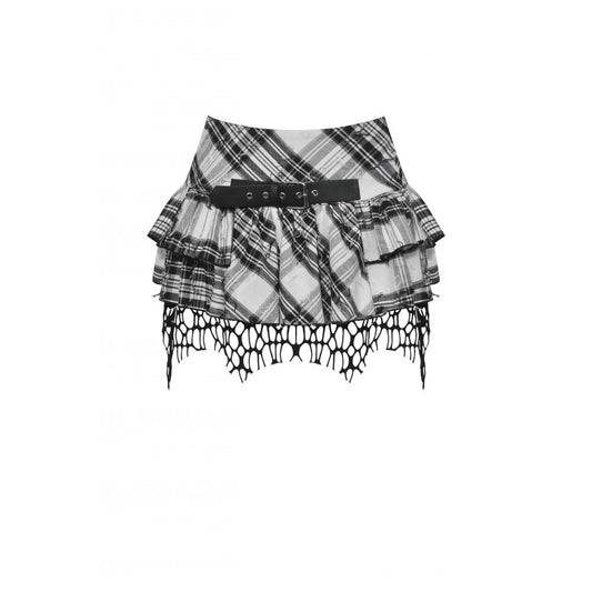 Dark in Love Quinn Punk Black and White Checkered Asymmetrical Messy Net Skirt - Kate's Clothing