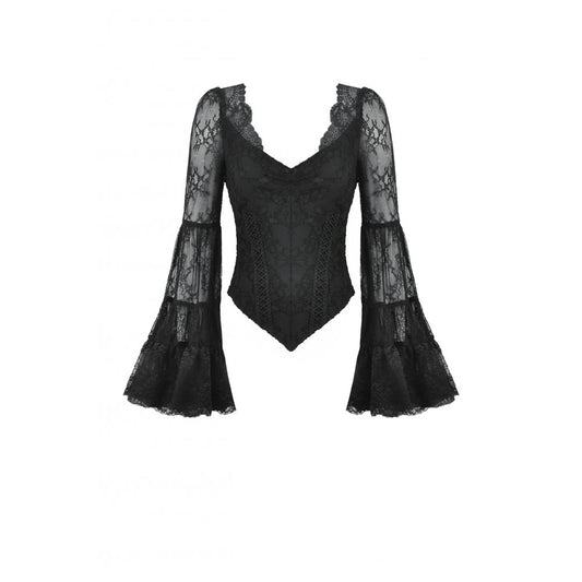 Dark in Love Zuri Gothic Romantic Lace Patchwork Bell-Sleeve Layered Cuff Top - Kate's Clothing