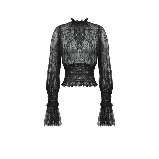 Dark in Love Aoife Black Hollow Lace Elastic Pleated Waist Eyelash Lace Cuff Top - Kate's Clothing
