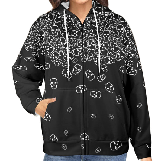 ANTIBrand fleece-lined zip hoodie – Tumbling Skulls print (black/white)