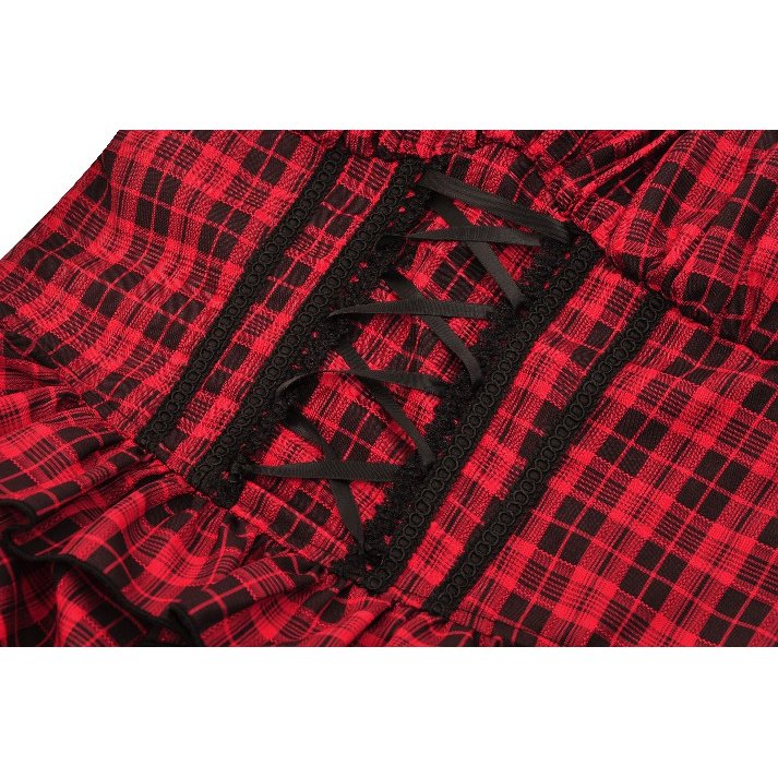 Dark in Love Rosalind Black and Red Tartan Cold Shoulder Halterneck Dress - Kate's Clothing