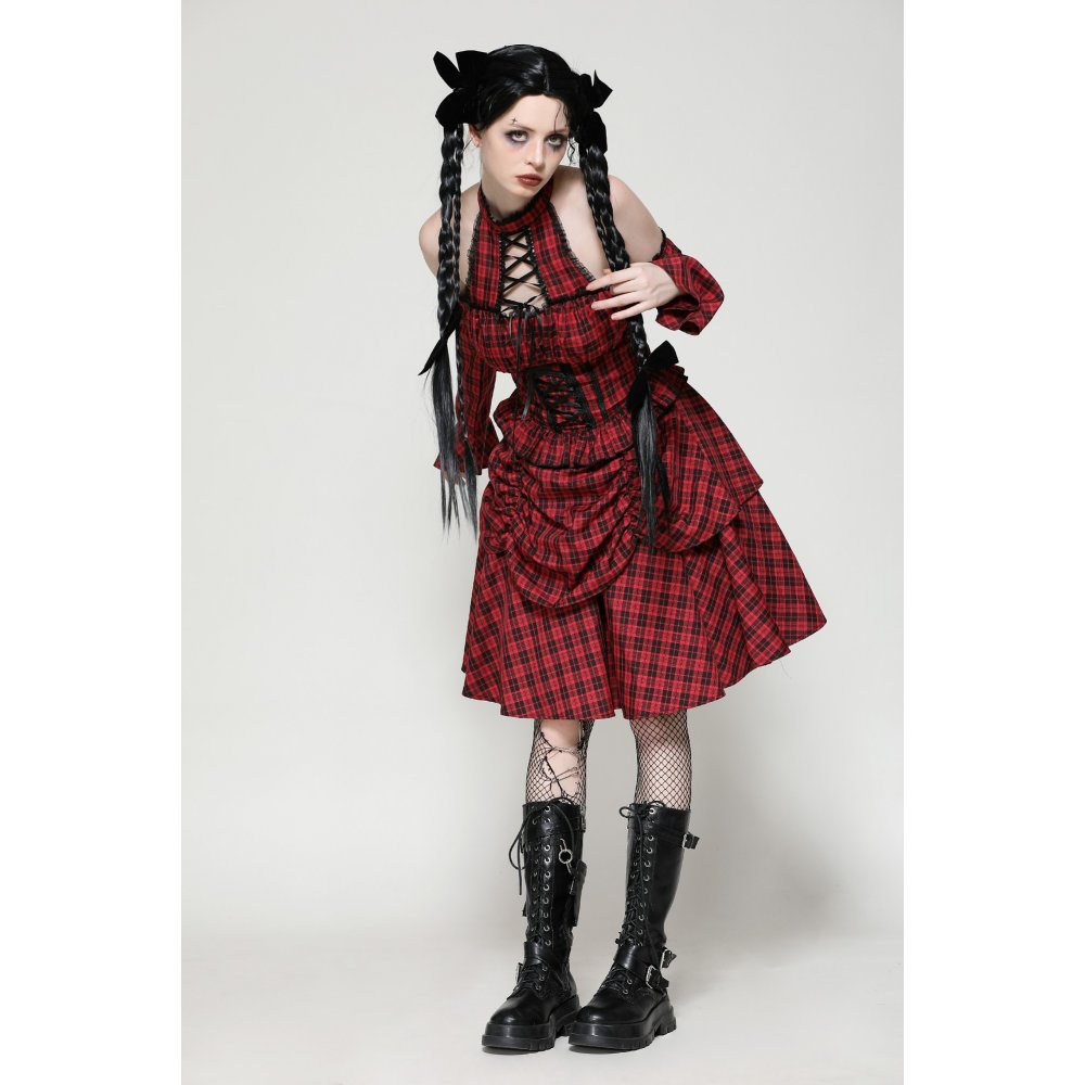Dark in Love Rosalind Black and Red Tartan Cold Shoulder Halterneck Dress - Kate's Clothing