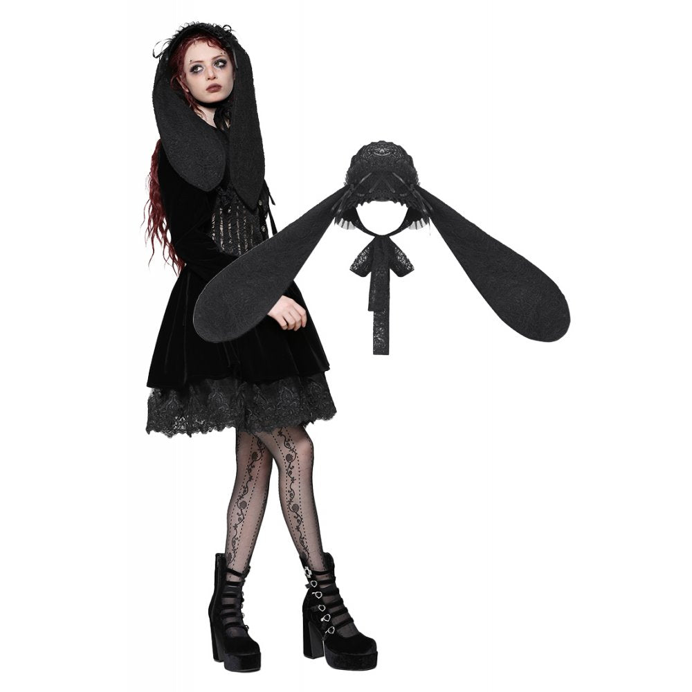 Dark in Love Elowen Black Gothic Lolita Rabbit Ear Bonnet in Rose Lace - Kate's Clothing
