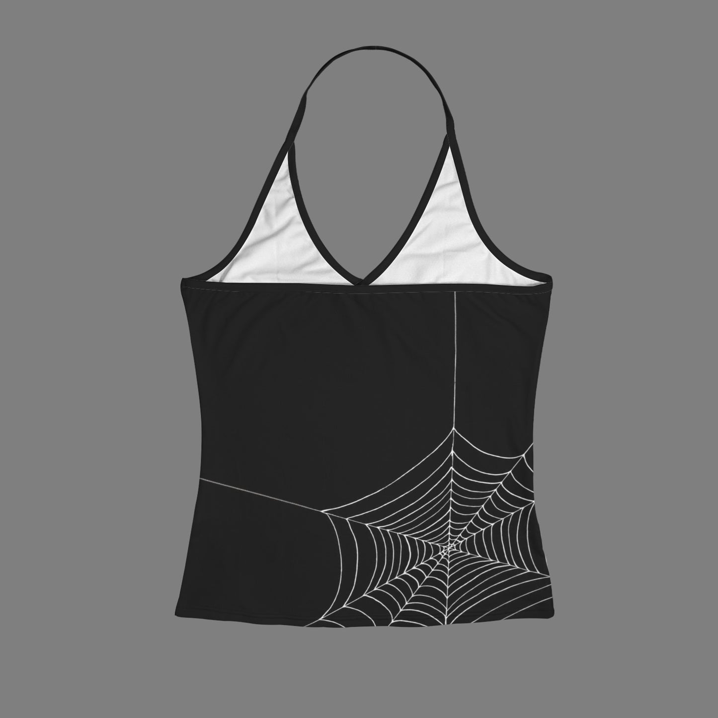 ANTIBrand Caught In Your Web black halter top with white spiderweb print