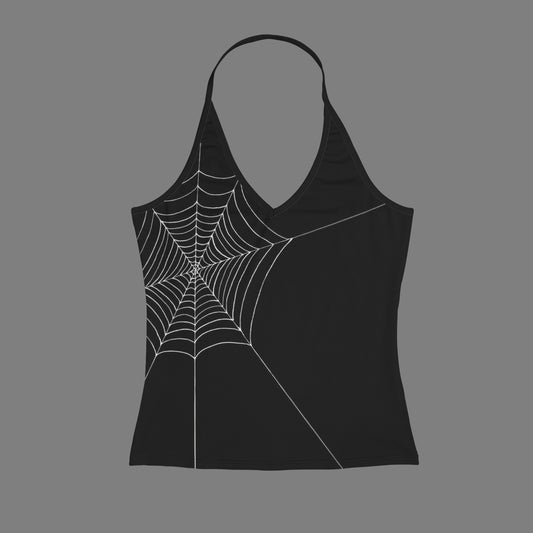 ANTIBrand Caught In Your Web black halter top with white spiderweb print