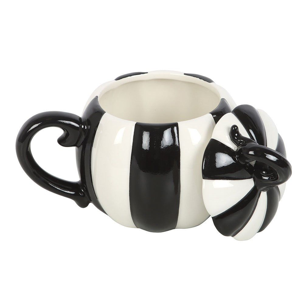 Gothic Gifts Black and White Striped Pumpkin Lidded Mug
